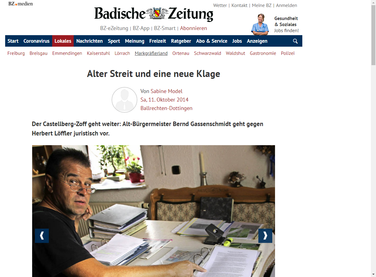 Badische Zeitung 11.10.2014: Neue Klage von Bernd Gassenschmidt