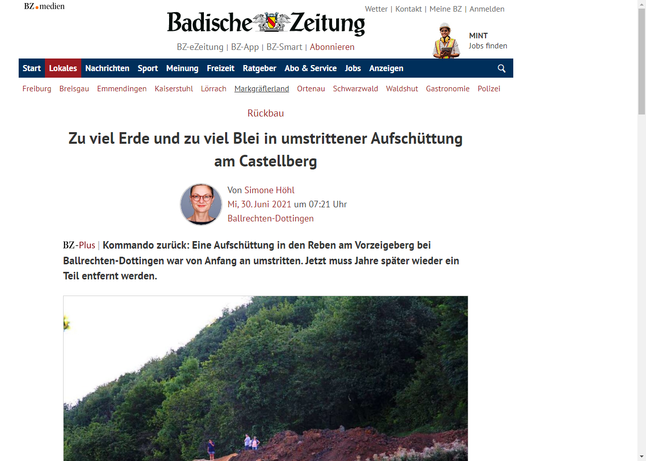 Badische Zeitung 30.03.2021: Zu viel Erde und zu viel Blei in umstrittener Aufschüttung am Castellberg