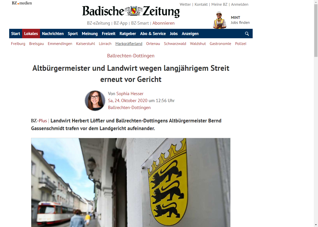 Badische Zeitung 24.10.2020: Altbürgermeister und Landwirt wegen langjährigem Streit erneut vor Gericht