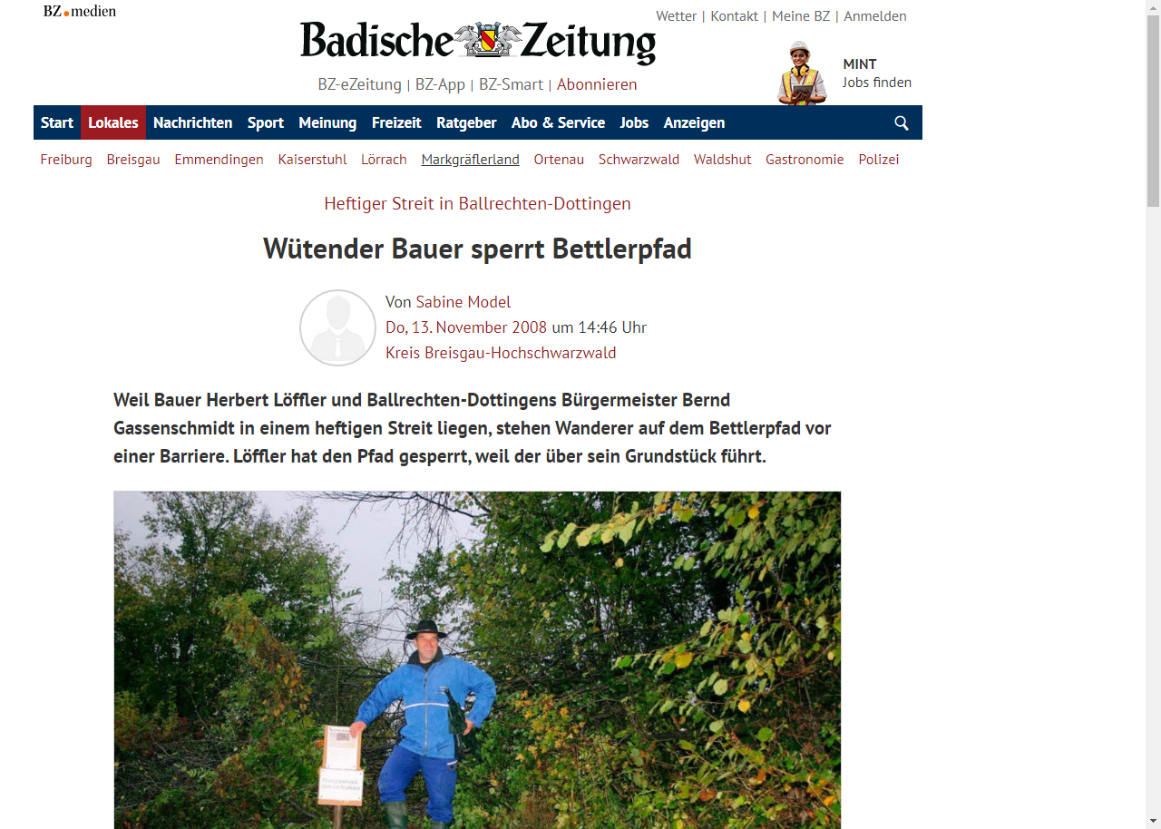 Badische Zeitung 13.11.2008: Wütender Bauer sperrt Bettlerpfad