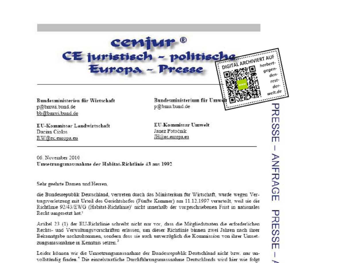 Presseanfrage vom 06.11.2010 an BMfW zur Umsetzungsmaßnahme Habitatrichtlinie 43